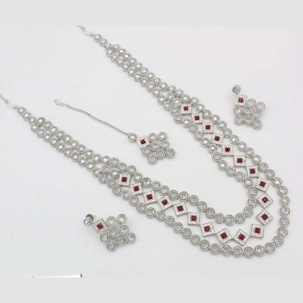 Kavita Art Silver Plated Crystal Stone Multi Layer Long Necklace Set