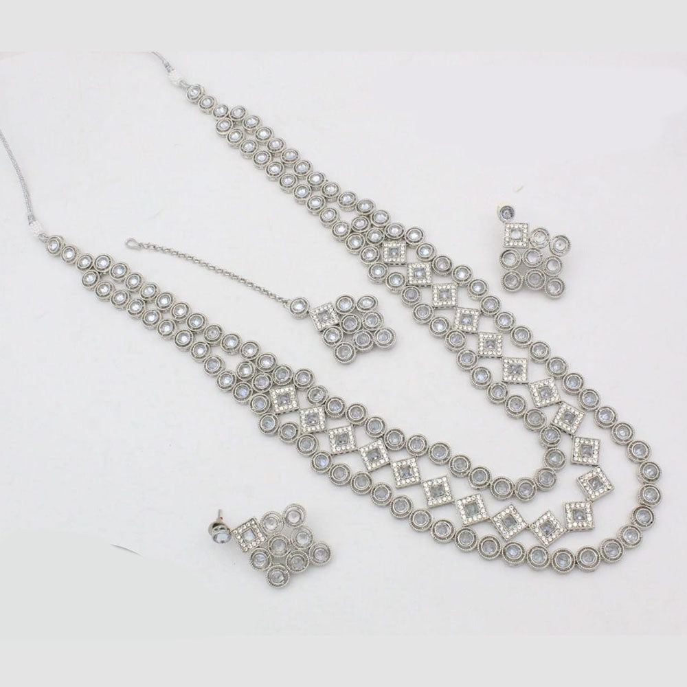 Kavita Art Silver Plated Crystal Stone Multi Layer Long Necklace Set