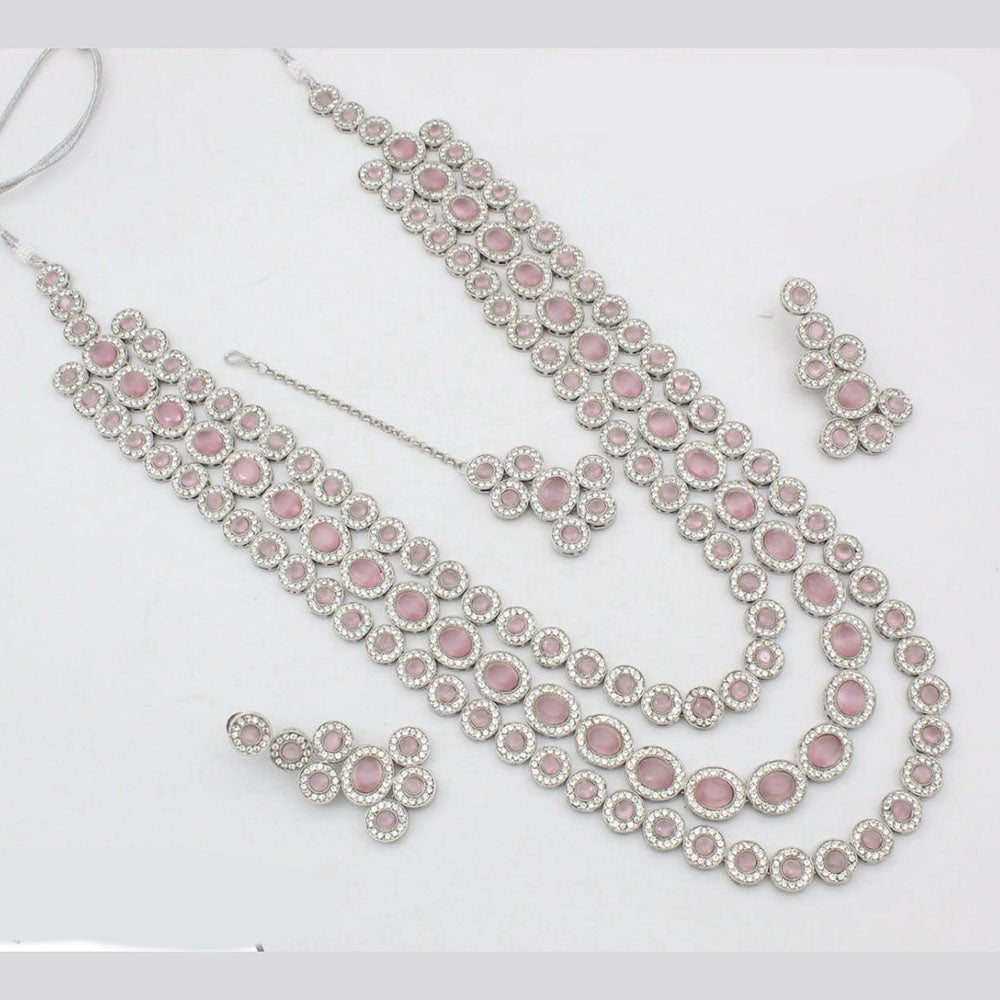 Kavita Art Silver Plated Crystal Stone Multi Layer Long Necklace Set
