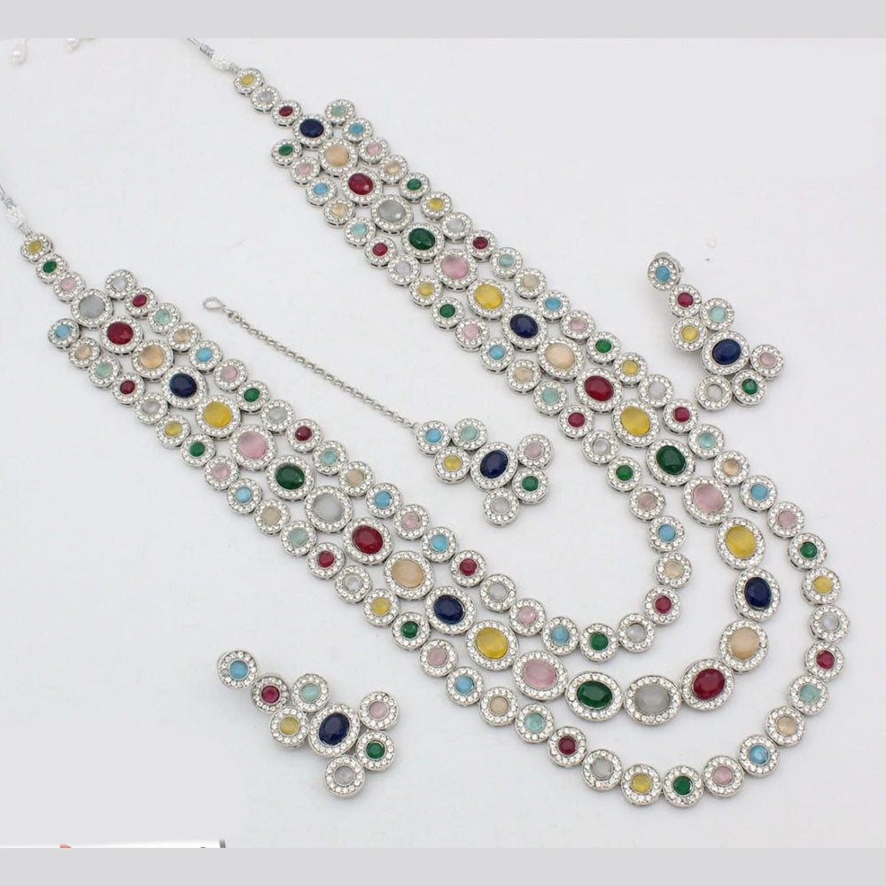 Kavita Art Silver Plated Crystal Stone Multi Layer Long Necklace Set