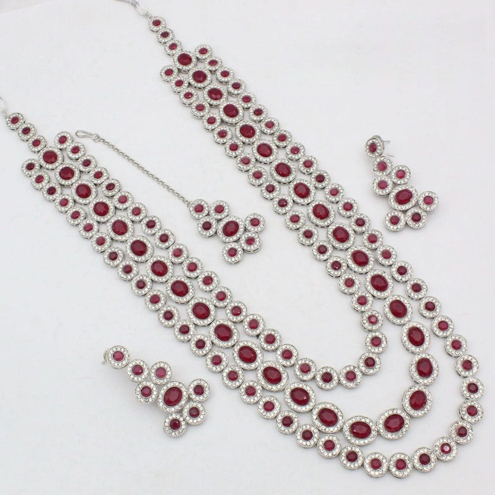 Kavita Art Silver Plated Crystal Stone Multi Layer Long Necklace Set