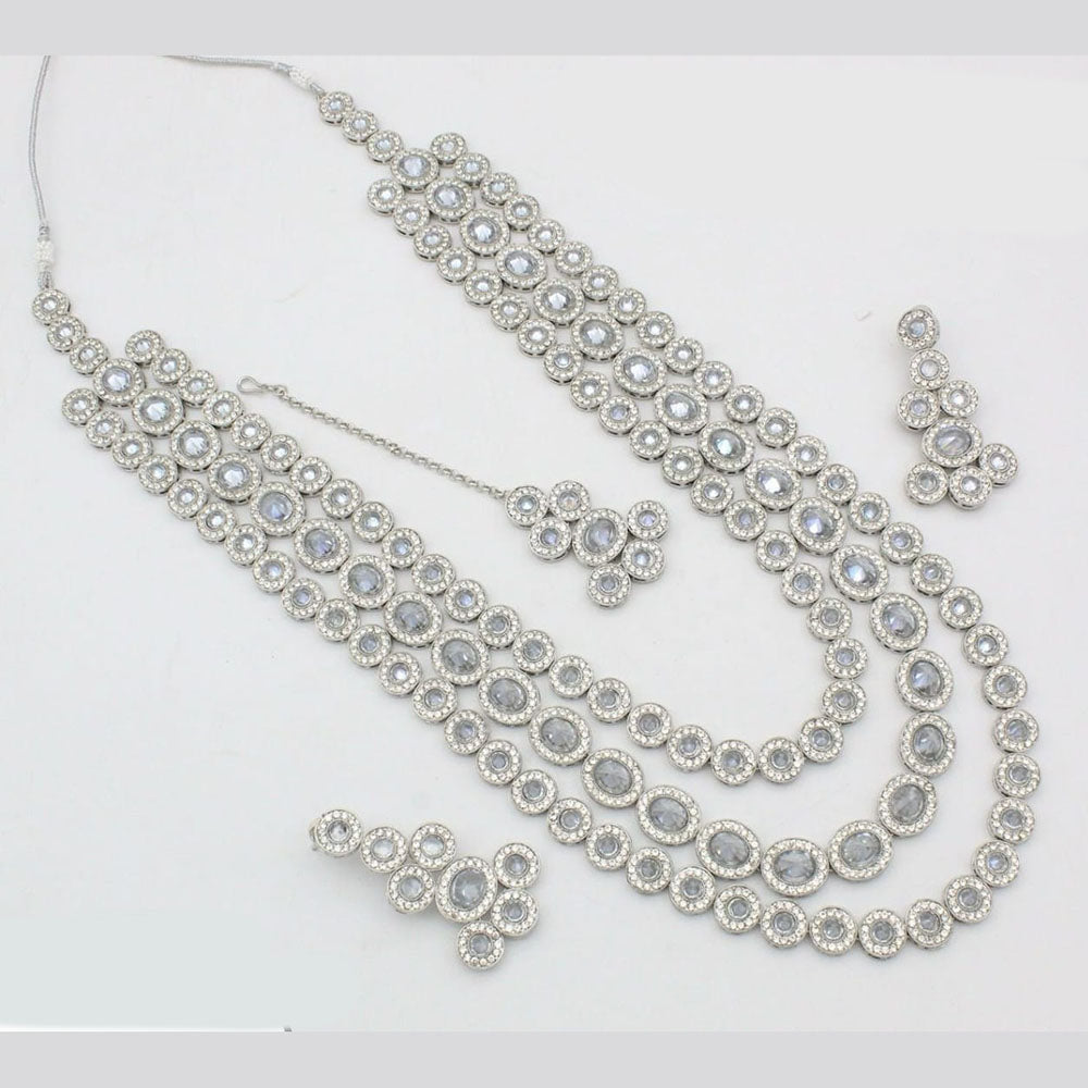 Kavita Art Silver Plated Crystal Stone Multi Layer Long Necklace Set