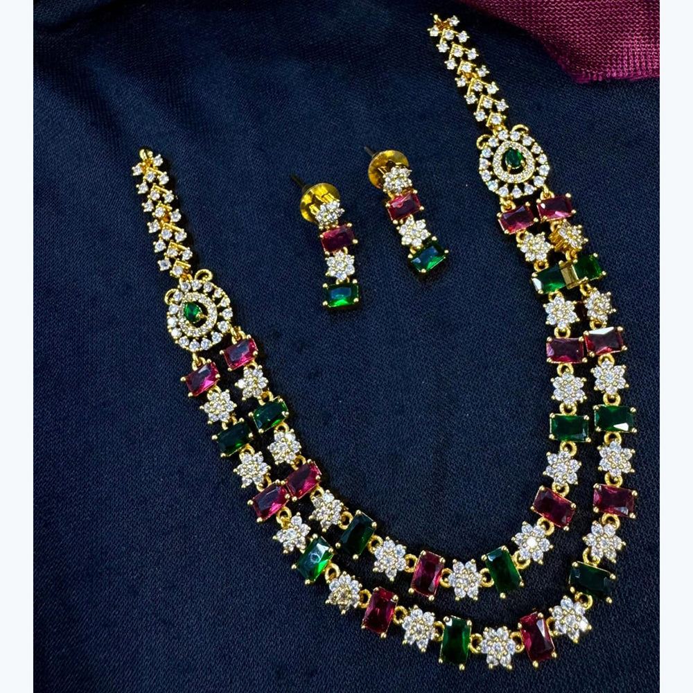 Kavita Art Silver Plated American Diamond Multi-LayerLong Necklace Set