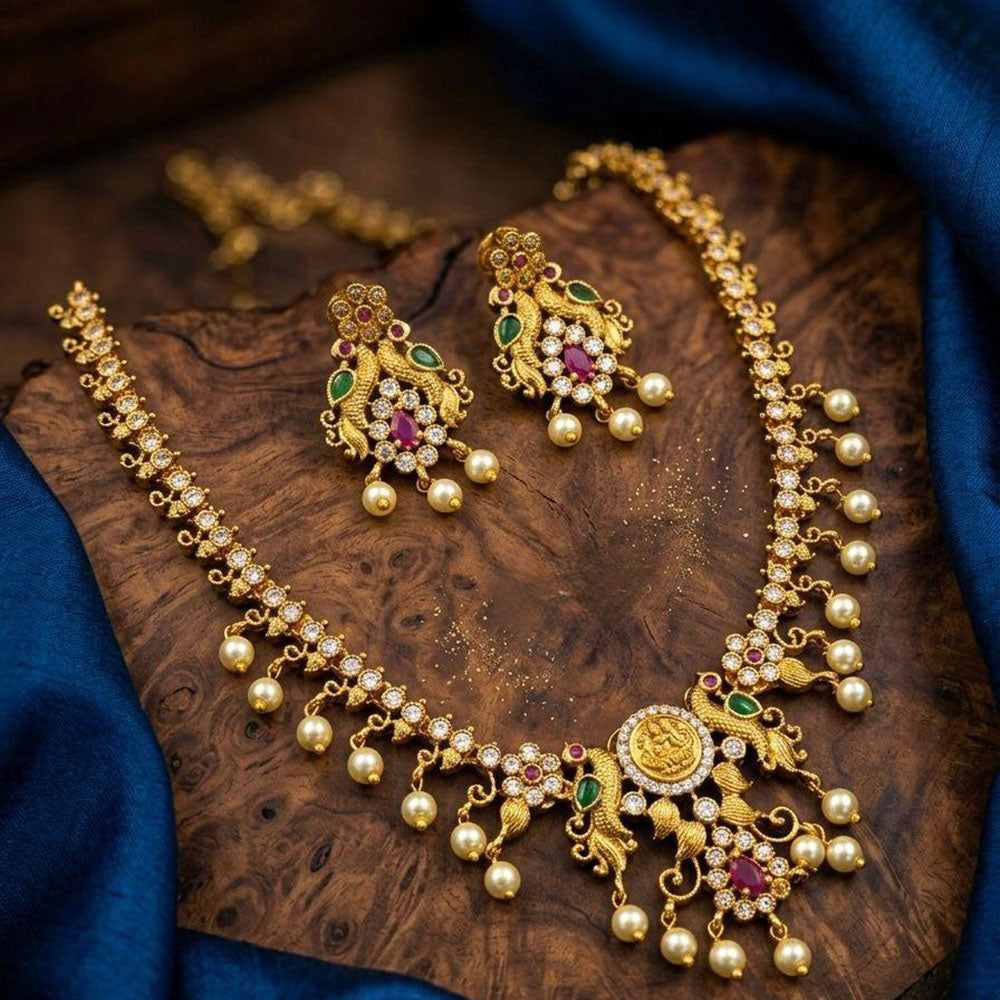 Kavita Art Premium Austrian & Pota Stone Temple Long Necklace Set