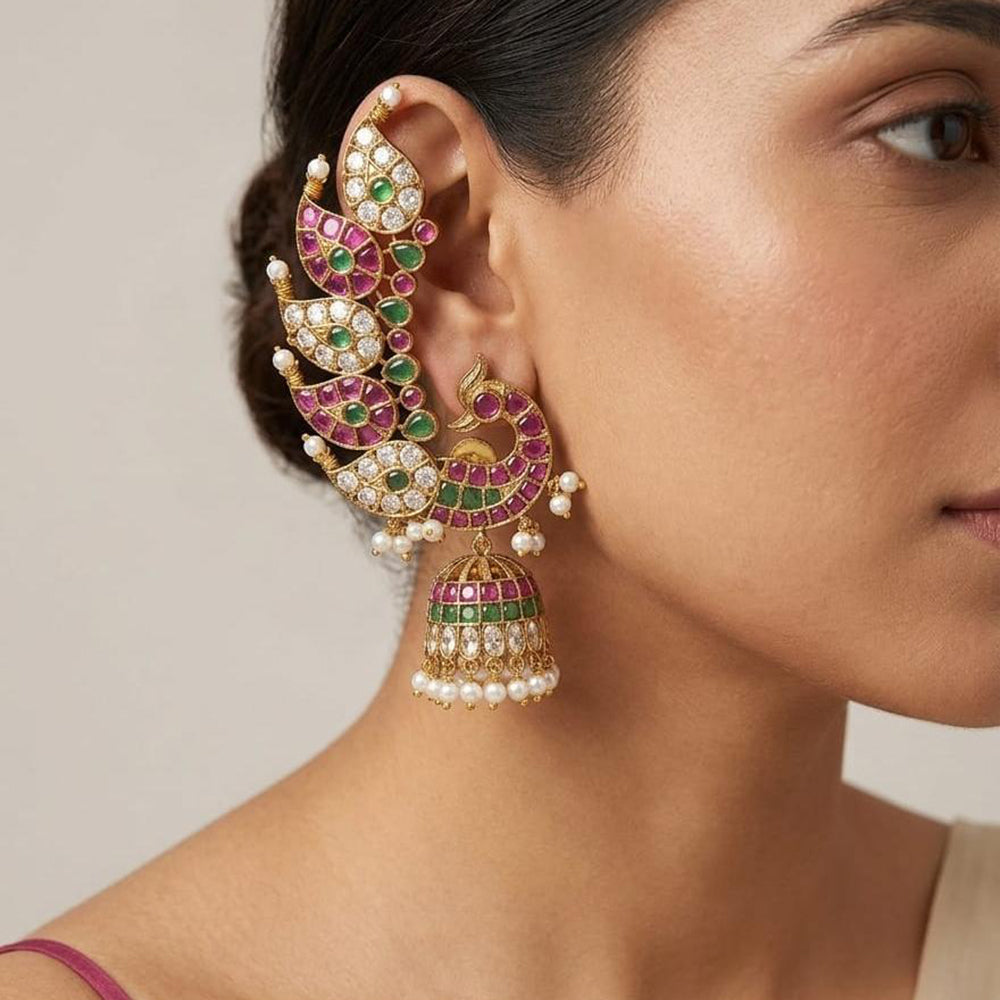 Kavita Art Gold Plated Pota Stone And Pearl Earcuff Jhumki
