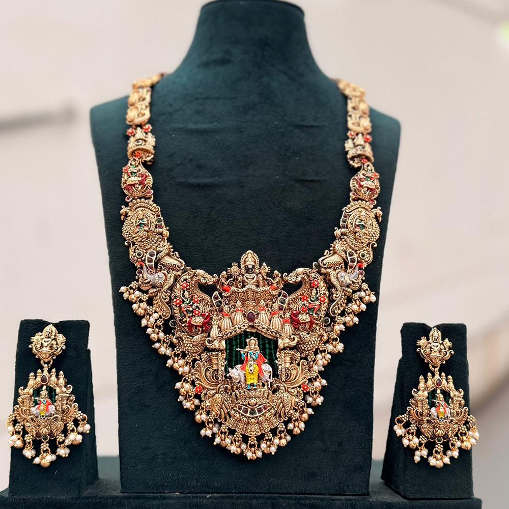Kavita Art Beautiful Pota Stone And Pearl Meenakari Temple Long Necklace Set