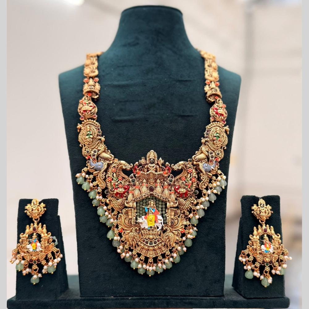 Kavita Art Beautiful Pota Stone And Pearl Meenakari Temple Long Necklace Set