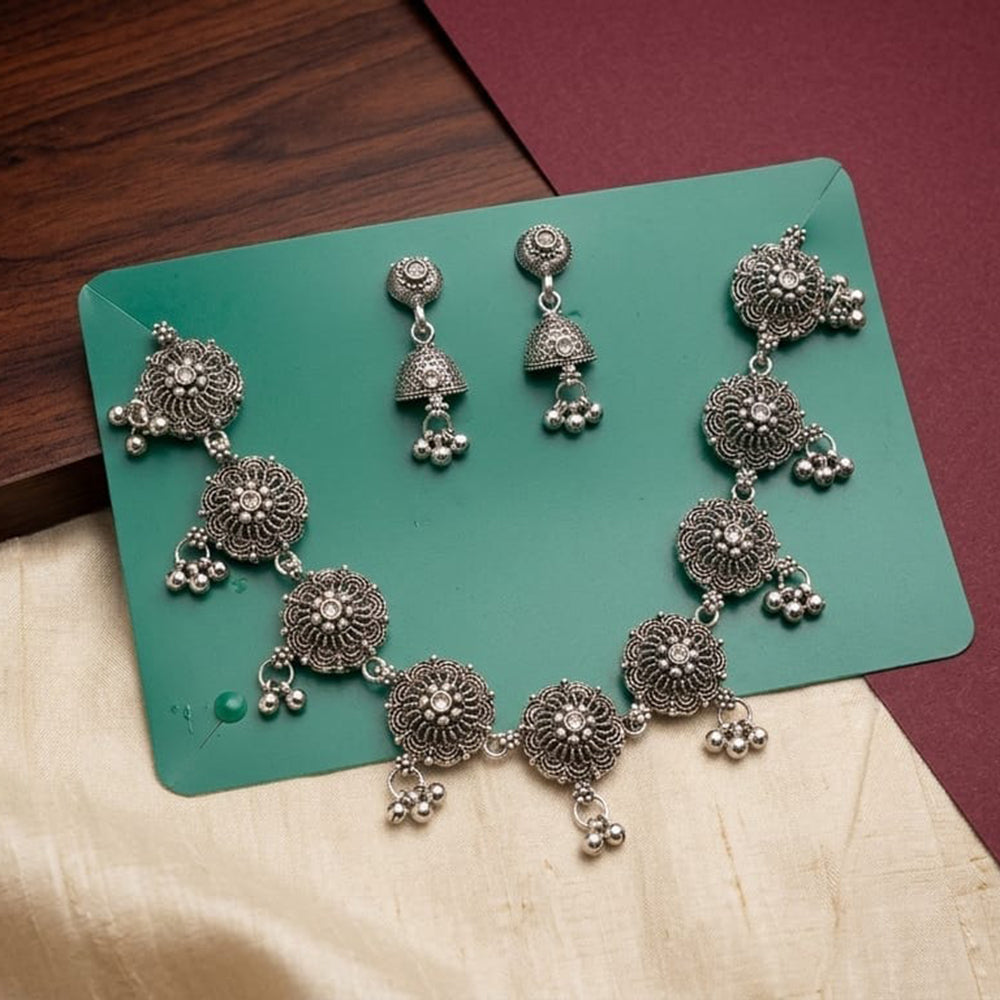 Kavita Art Boho Style Oxidised Plated Mirror And Pearl Necklace Set