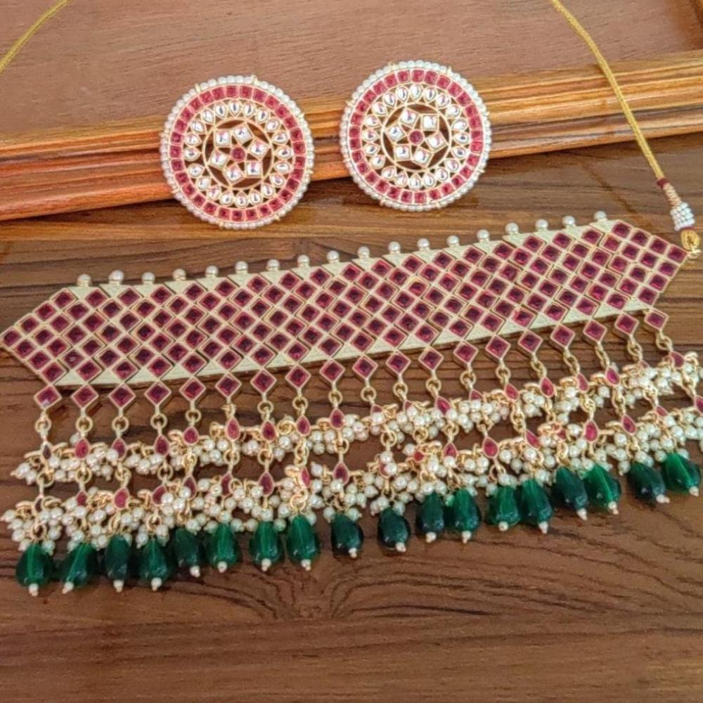 SNERA Gold Plated Kundan Stone And Pearls Choker Necklace Set