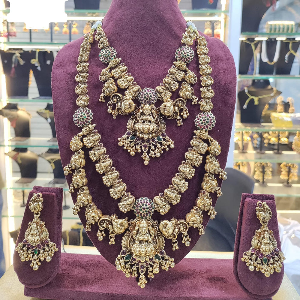 SNERA Gold Plated Pota Stone And Beads Temple Double Necklace Set