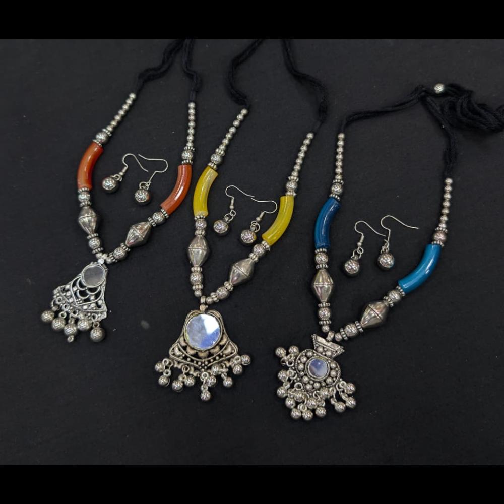 SNERA Oxidised Plated Antique Navratri Look Miroor Necklace Set