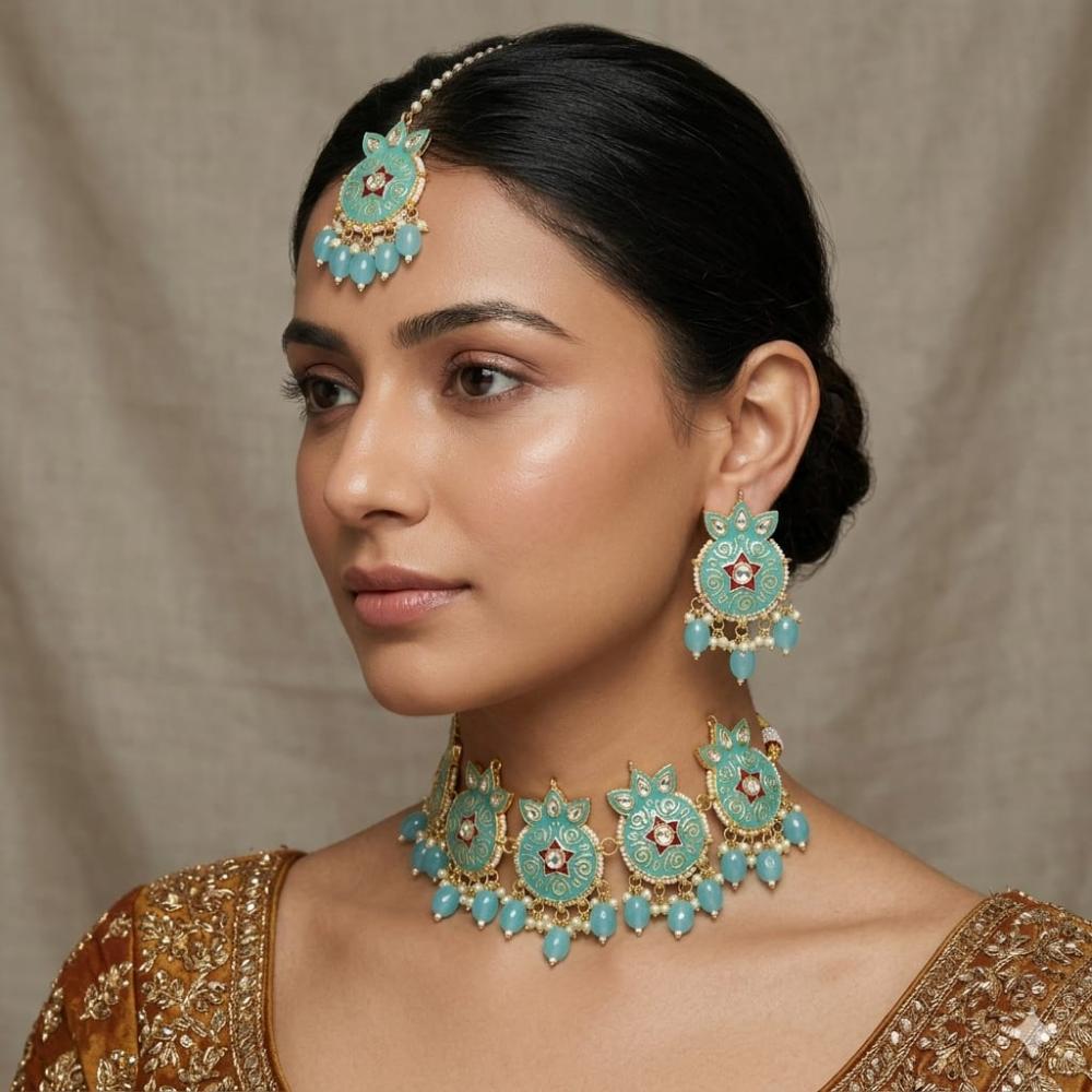 SNERA Classic Grace Crystal Stone Pearl And Beads Choker Meenakari Necklace Set