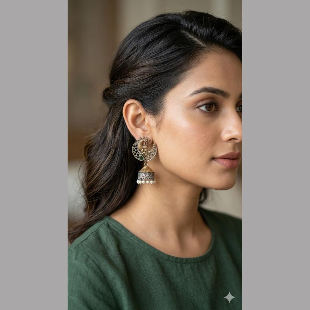 SNERA Dual Tone Pota Stone And Pearl Ethnic Jhumki Earrings for Women
