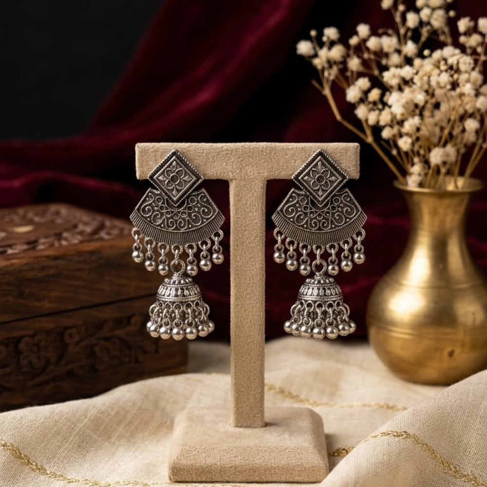 SNERA Vintage Oxidised Plated Pearl Jhumki Earrings for Women