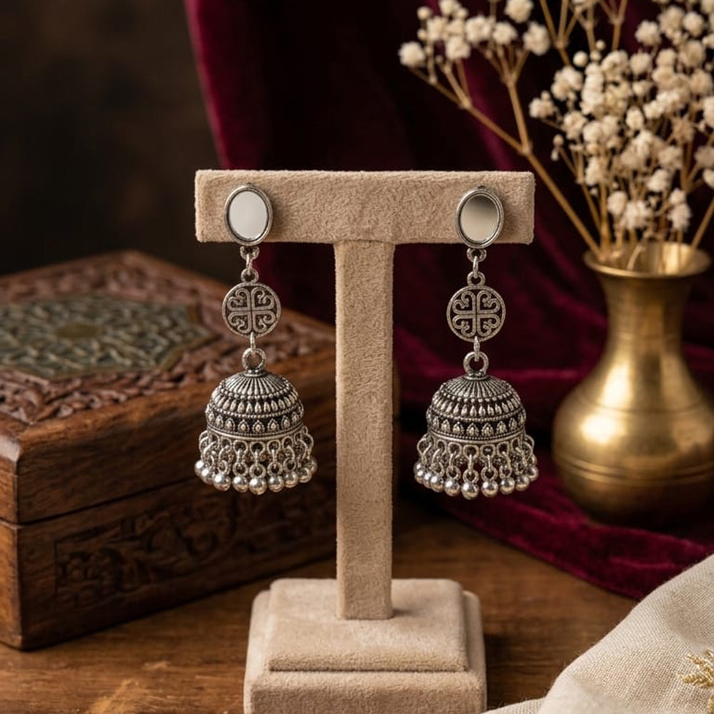 SNERA Vintage Oxidised Plated Mirror Jhumki Earrings for Women