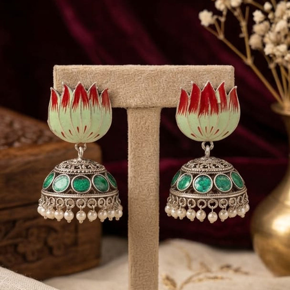SNERA Vintage Oxidised Plated Meenakari Pearl Lotus Jhumki Earrings for Women