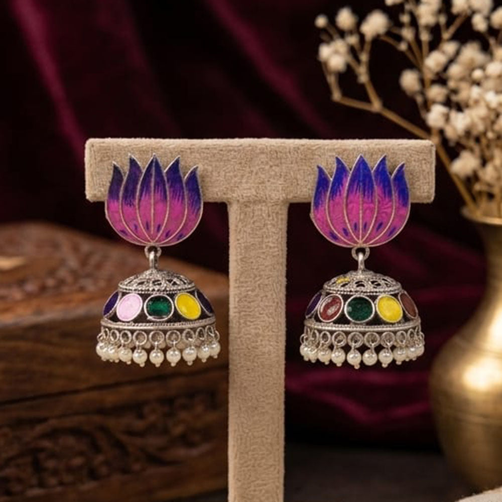 SNERA Vintage Oxidised Plated Meenakari Pearl Lotus Jhumki Earrings for Women