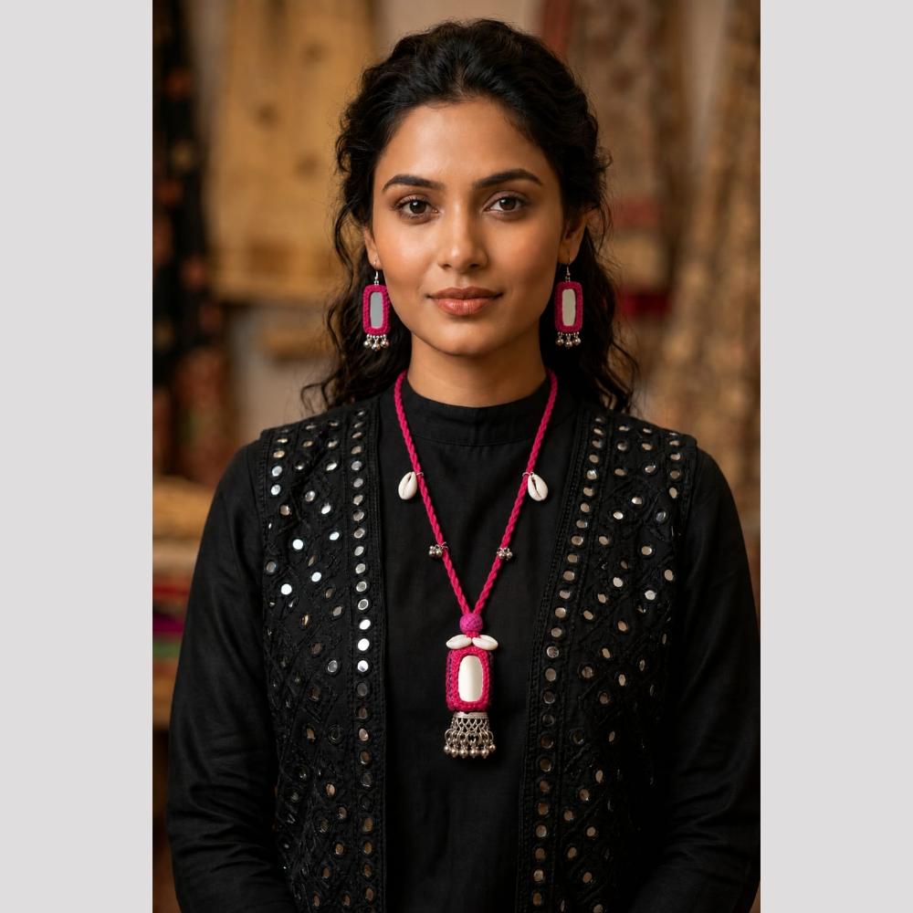 SNERA Mirror And Shell Embellished Ethnic Necklace Set