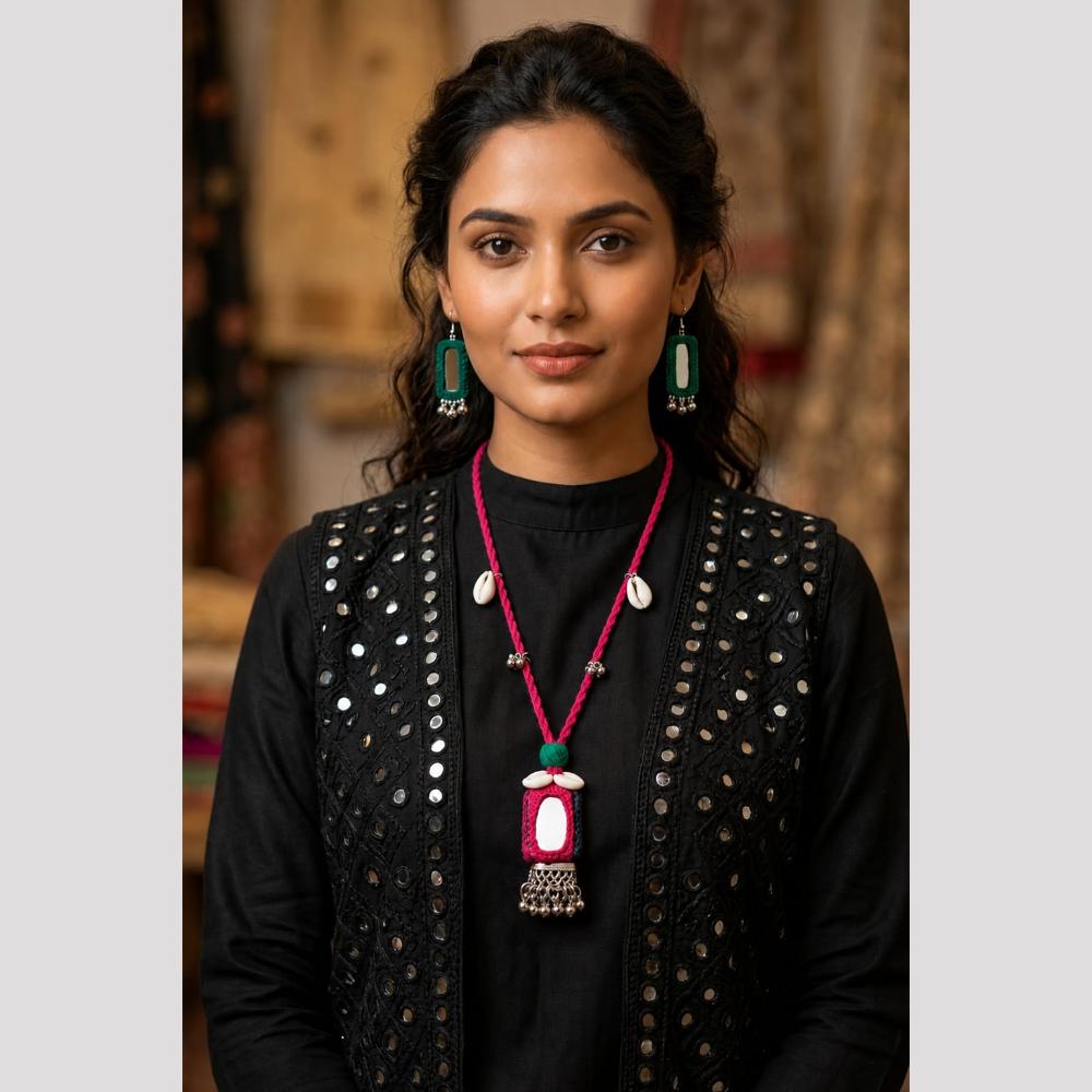 SNERA Mirror And Shell Embellished Ethnic Necklace Set