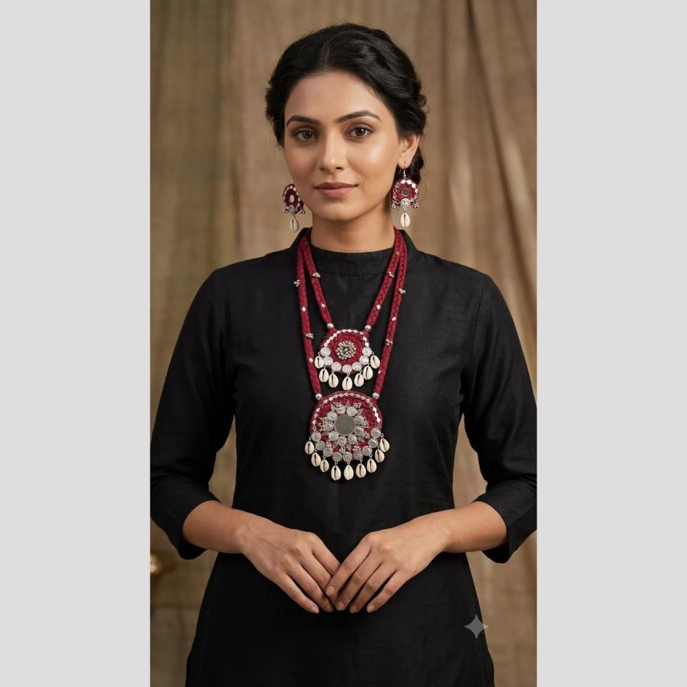 SNERA Mirror And Shell Embellished Ethnic Double Necklace Set