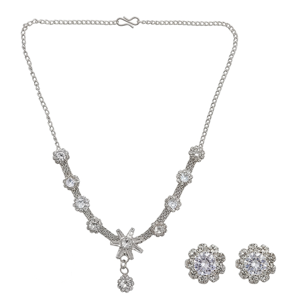 Urthn Silver Plated Sparkling Crystal Stone Necklace Set(Pack of 6)
