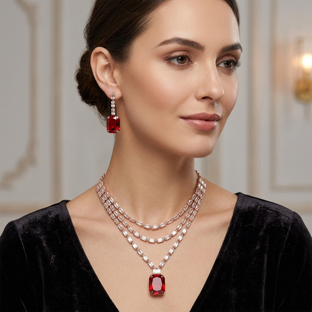 Urthn Elegant Rose Gold Plated Crystal Stone Necklace Set