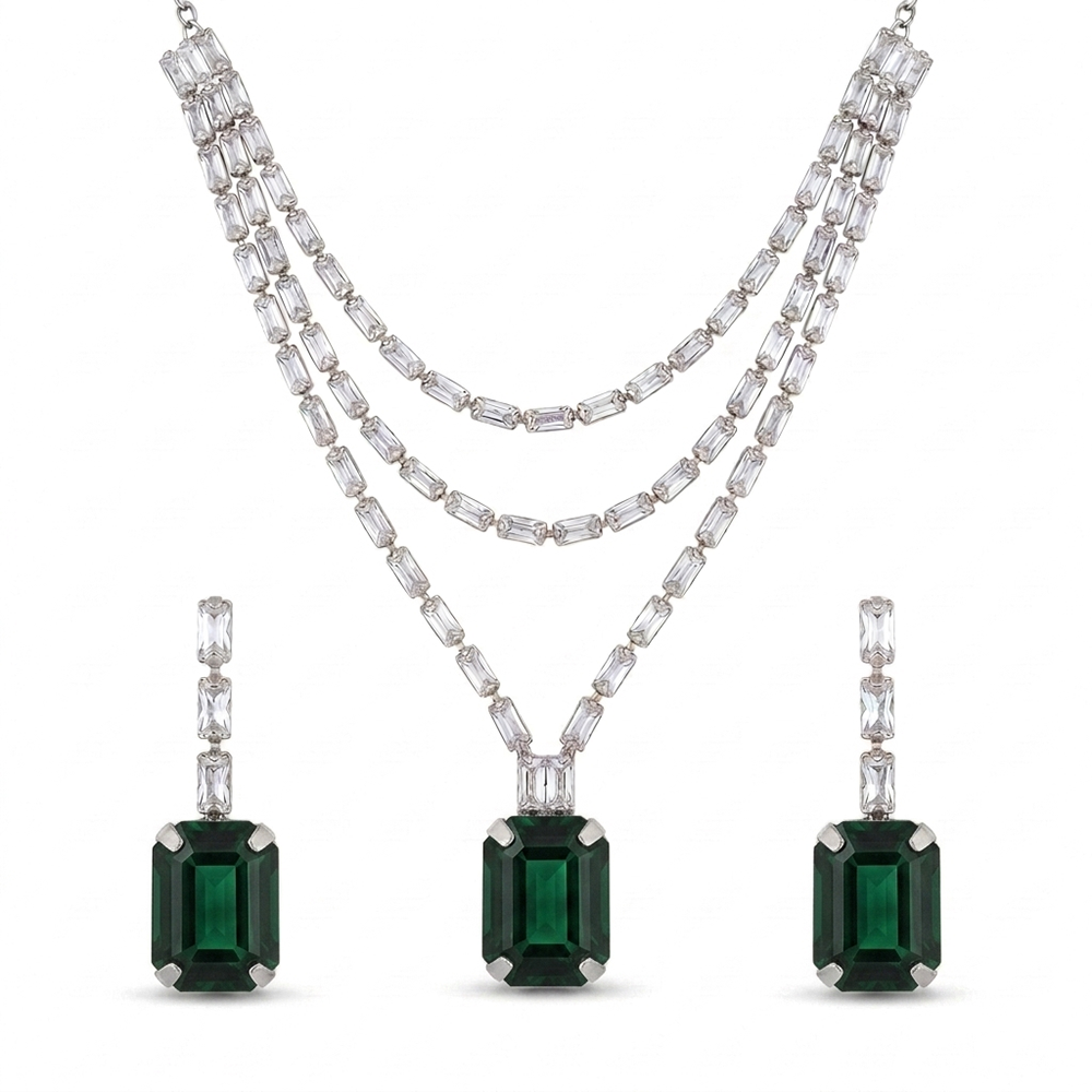 Urthn Silver Plated Sparkling Crystal Stone Necklace Set(Pack of 3)
