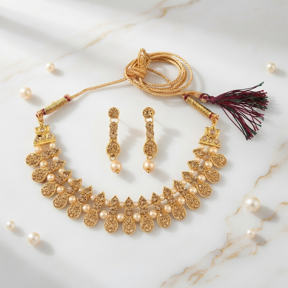 Urthn Gold Plated Pearl & Crystal Necklace Set for Women Traditional Jewellery