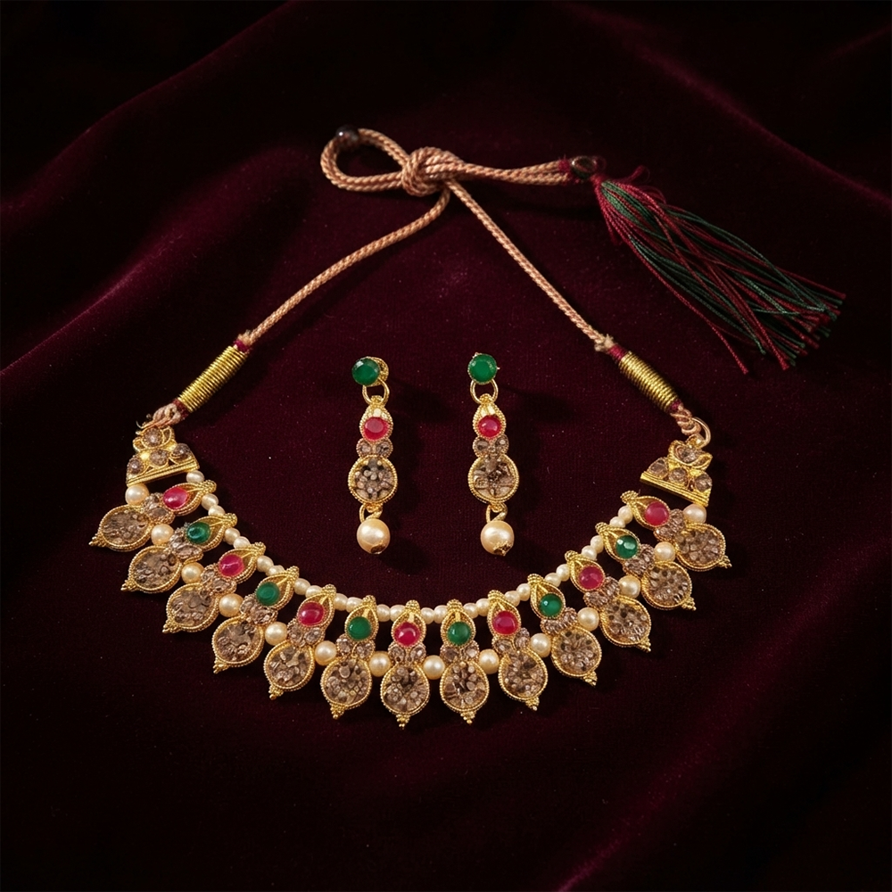 Urthn Gold Plated Pearl & Crystal Necklace Set for Women Traditional Jewellery