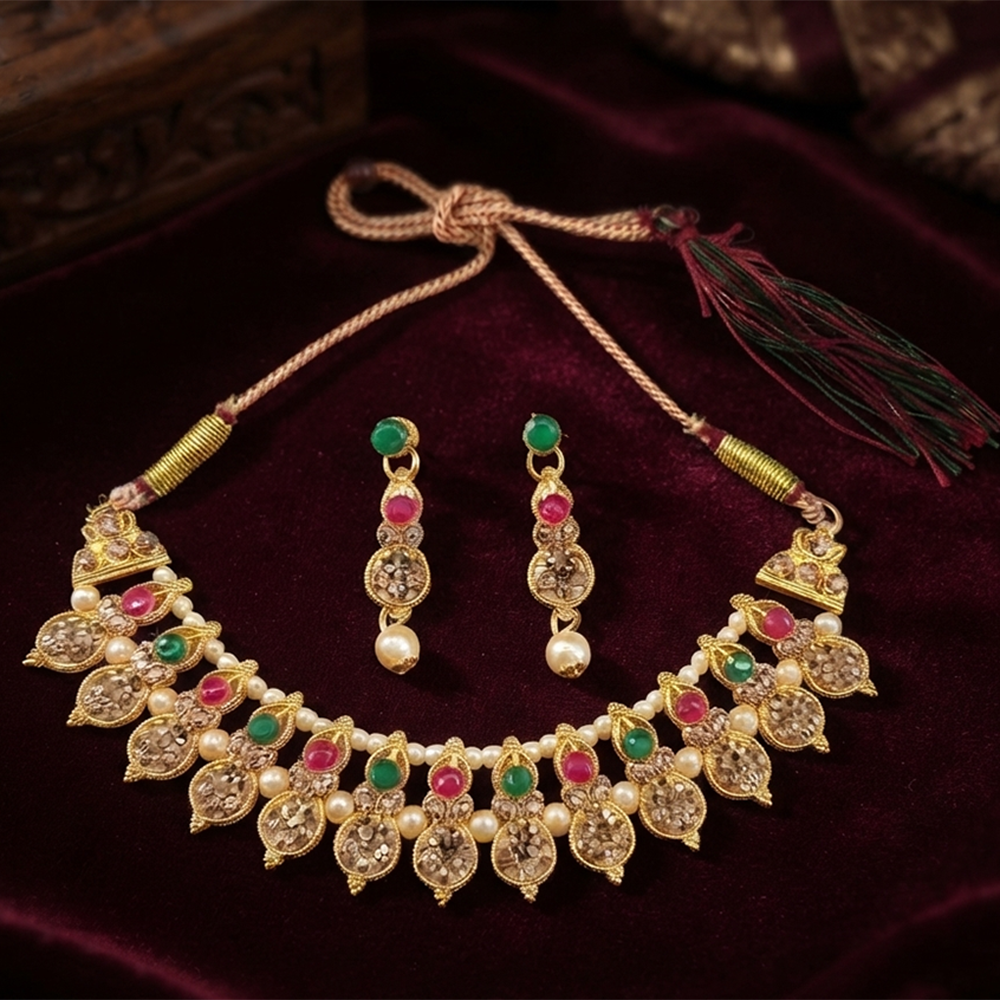 Urthn Gold Plated Pearl & Crystal Necklace Set for Women Traditional Jewellery