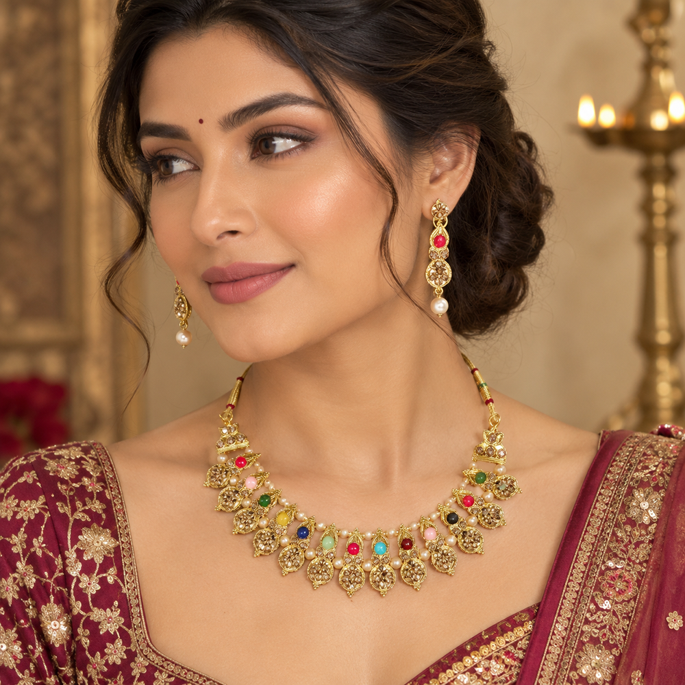 Urthn Gold Plated Pearl & Crystal Necklace Set for Women Traditional Jewellery