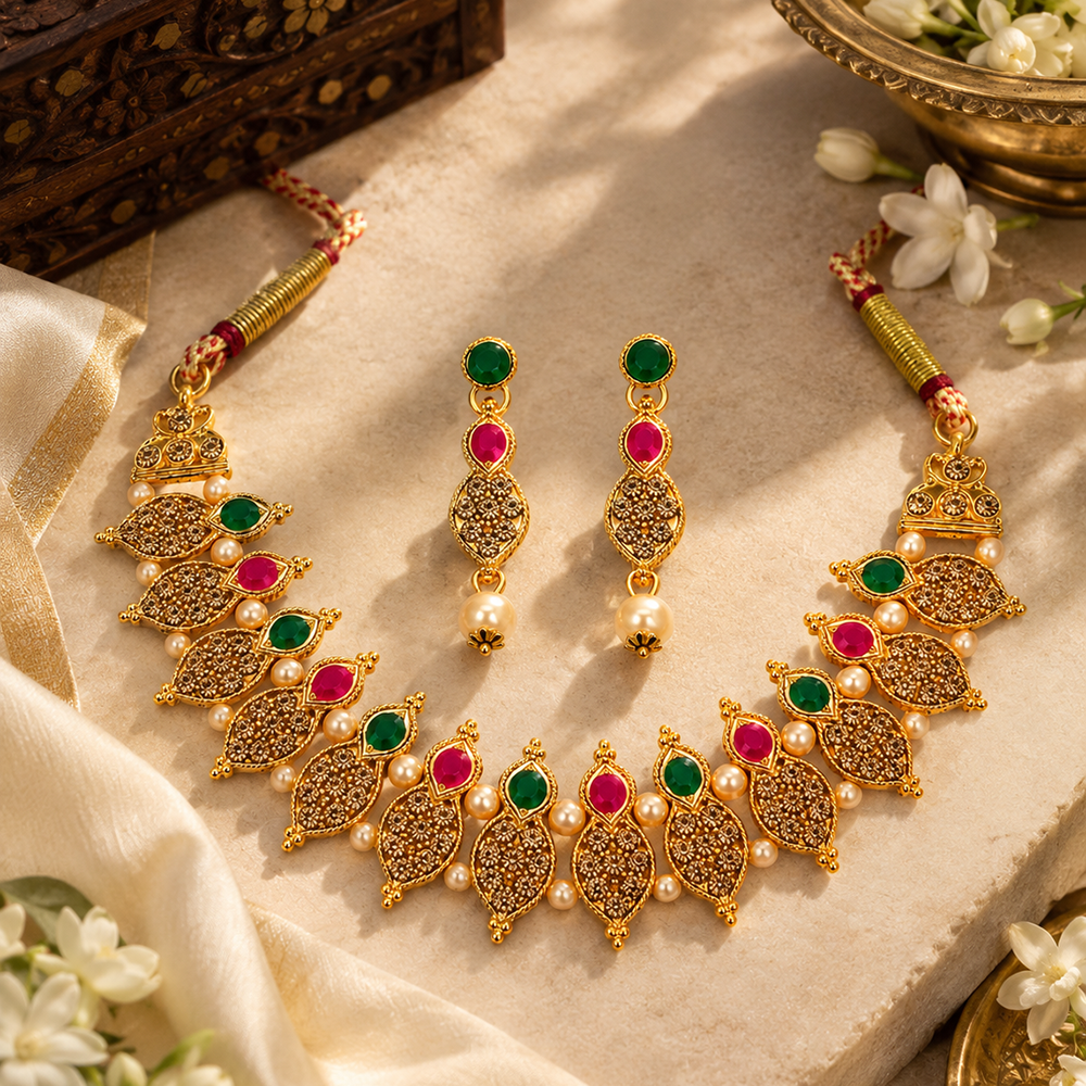 Urthn Gold Plated Pearl & Crystal Necklace Set for Women Traditional Jewellery