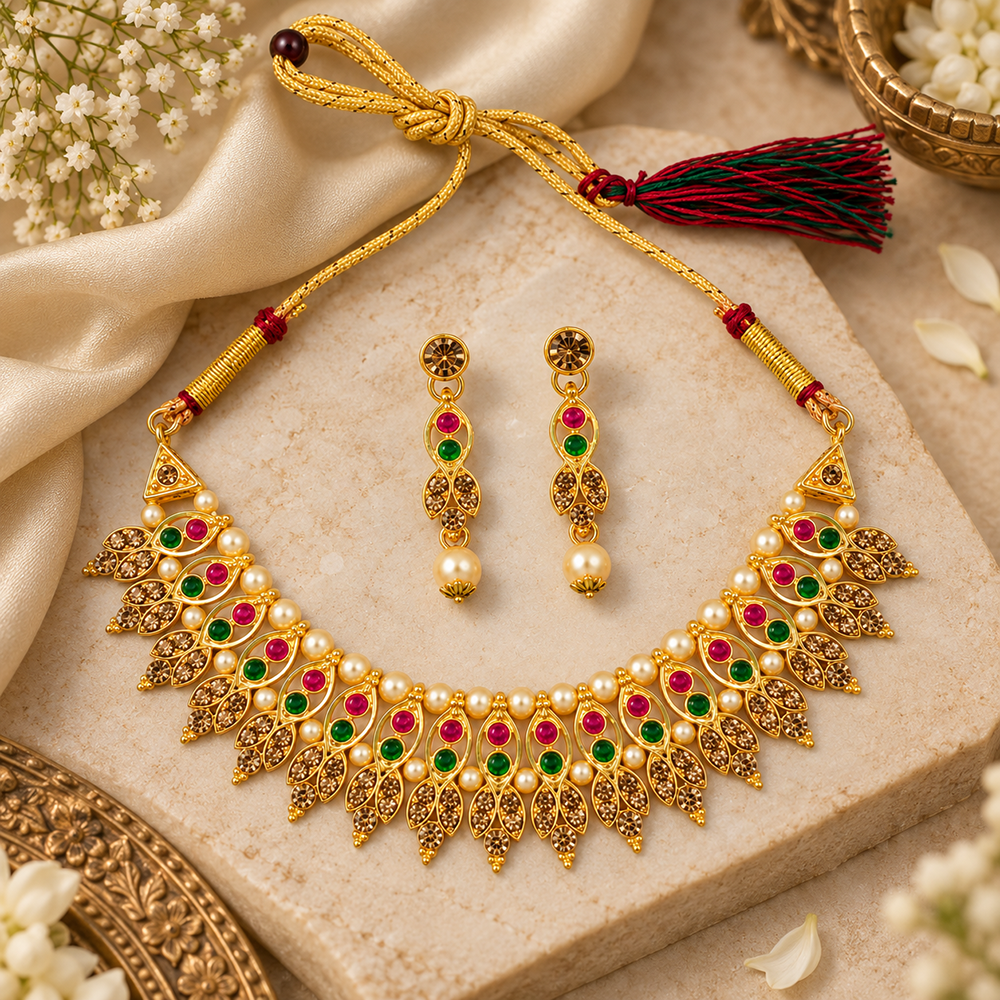 Urthn Gold Plated Pearl & Crystal Necklace Set for Women Traditional Jewellery