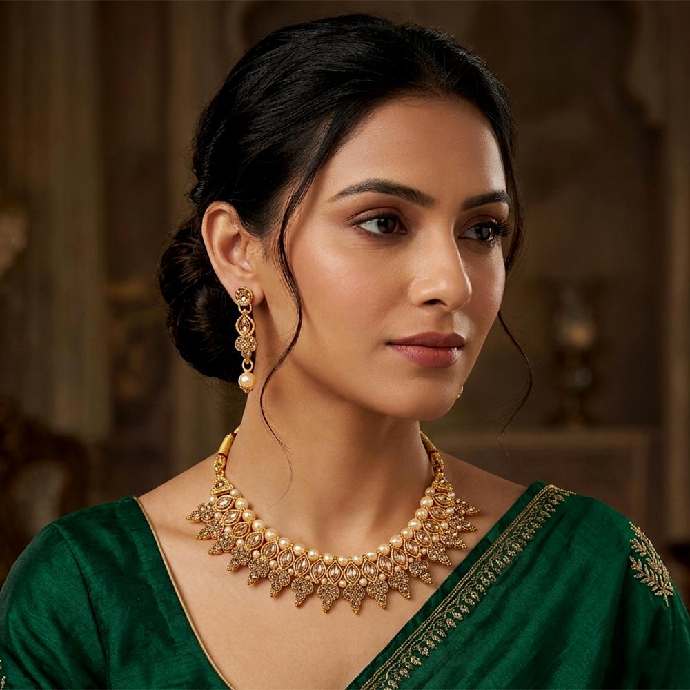 Darshana Jewels Traditional Pota Stone Austrian Stone & Pearl Necklace Set for Women (Pack of 3)