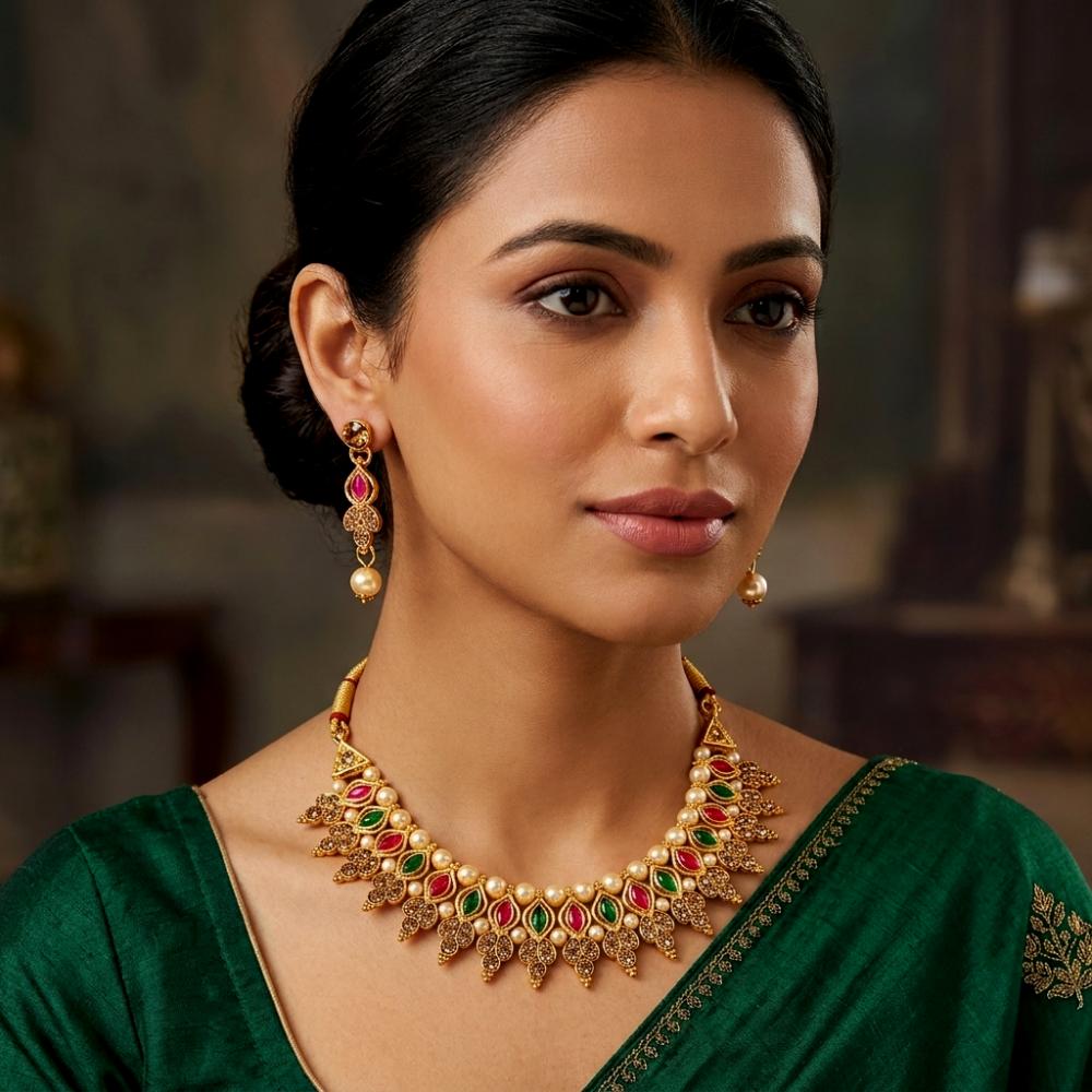 Darshana Jewels Fashion Austrian Stone Pota Stone Pearl Necklace Set for Women
