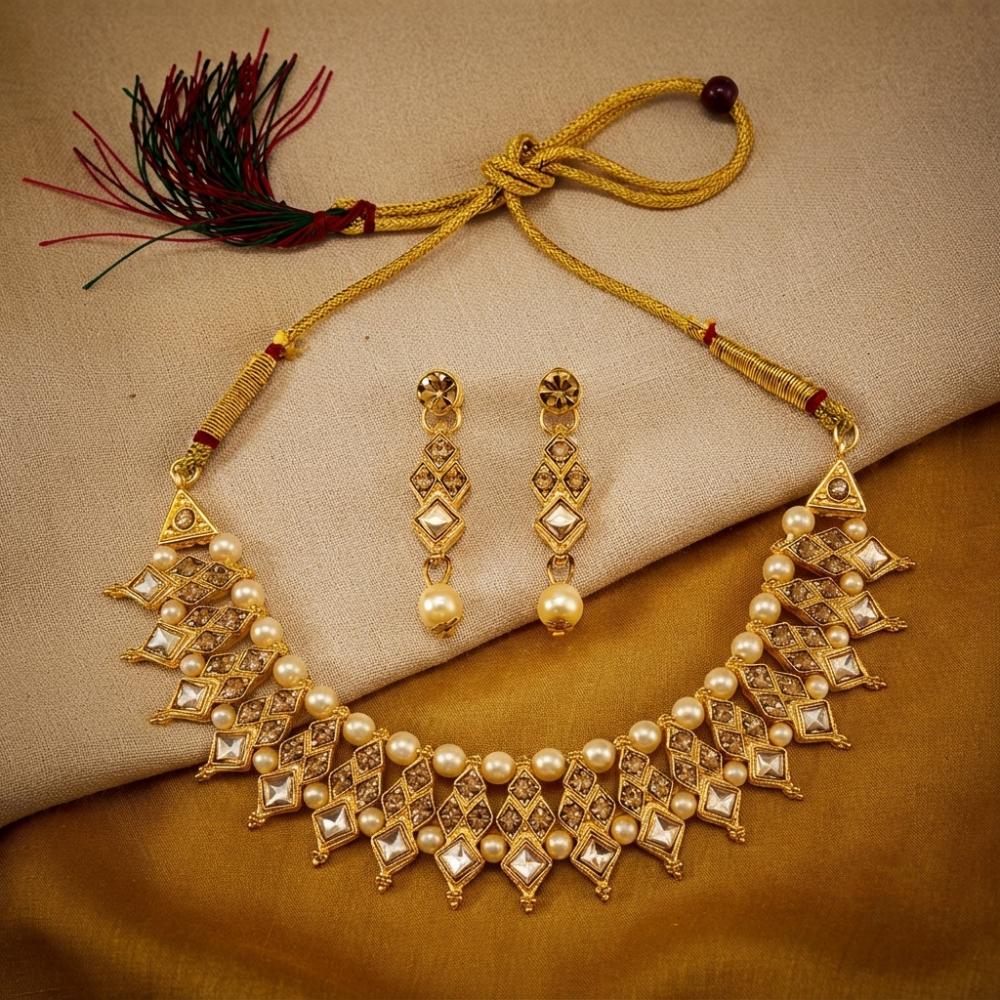 Darshana Jewels Elegant Pota Stone Austrian Stone & Pearl Necklace Set for Women