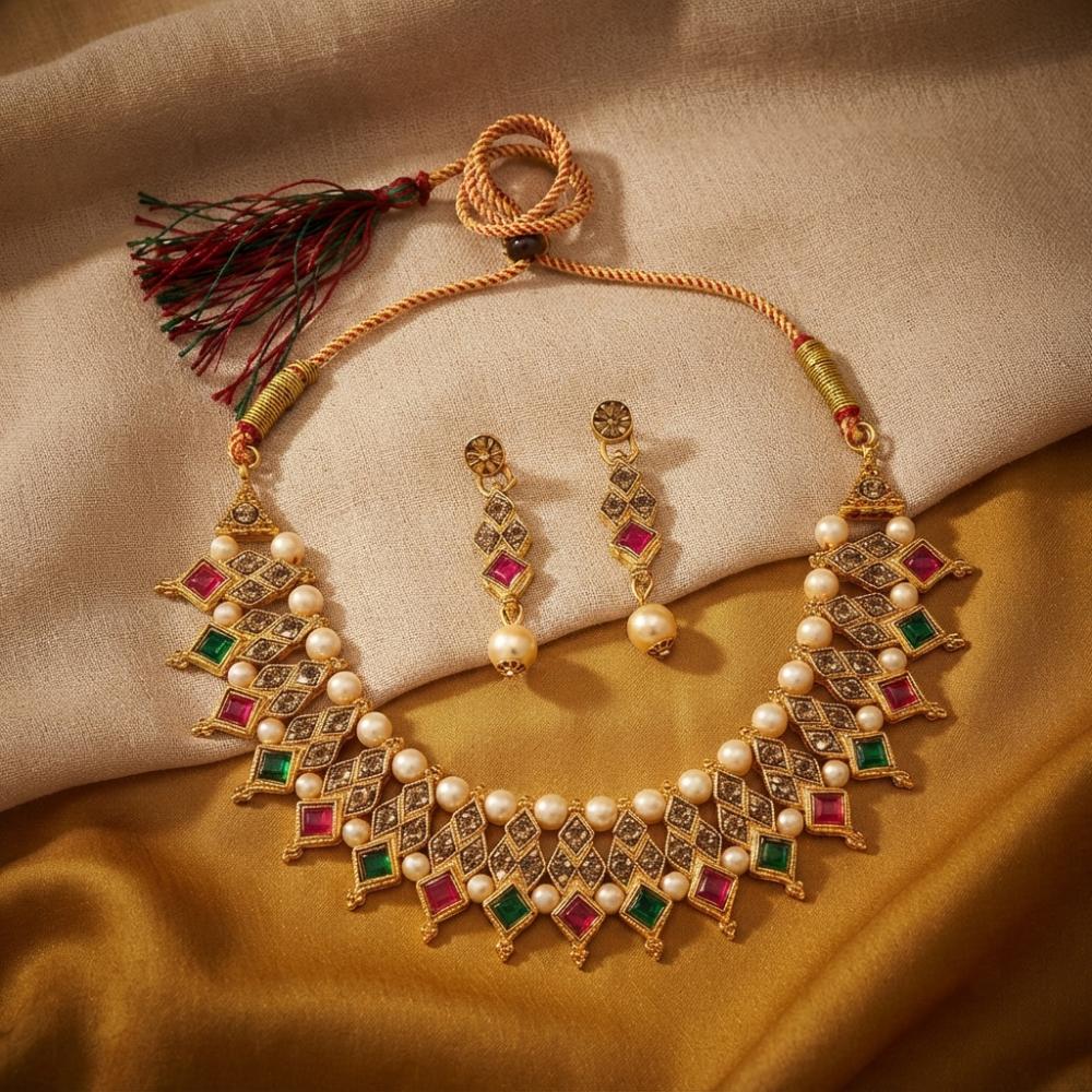 Darshana Jewels Elegant Pota Stone Austrian Stone & Pearl Necklace Set for Women