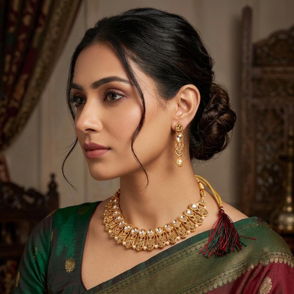 Darshana Jewels Elegant Pota Stone Austrian Stone & Pearl Necklace Set for Women