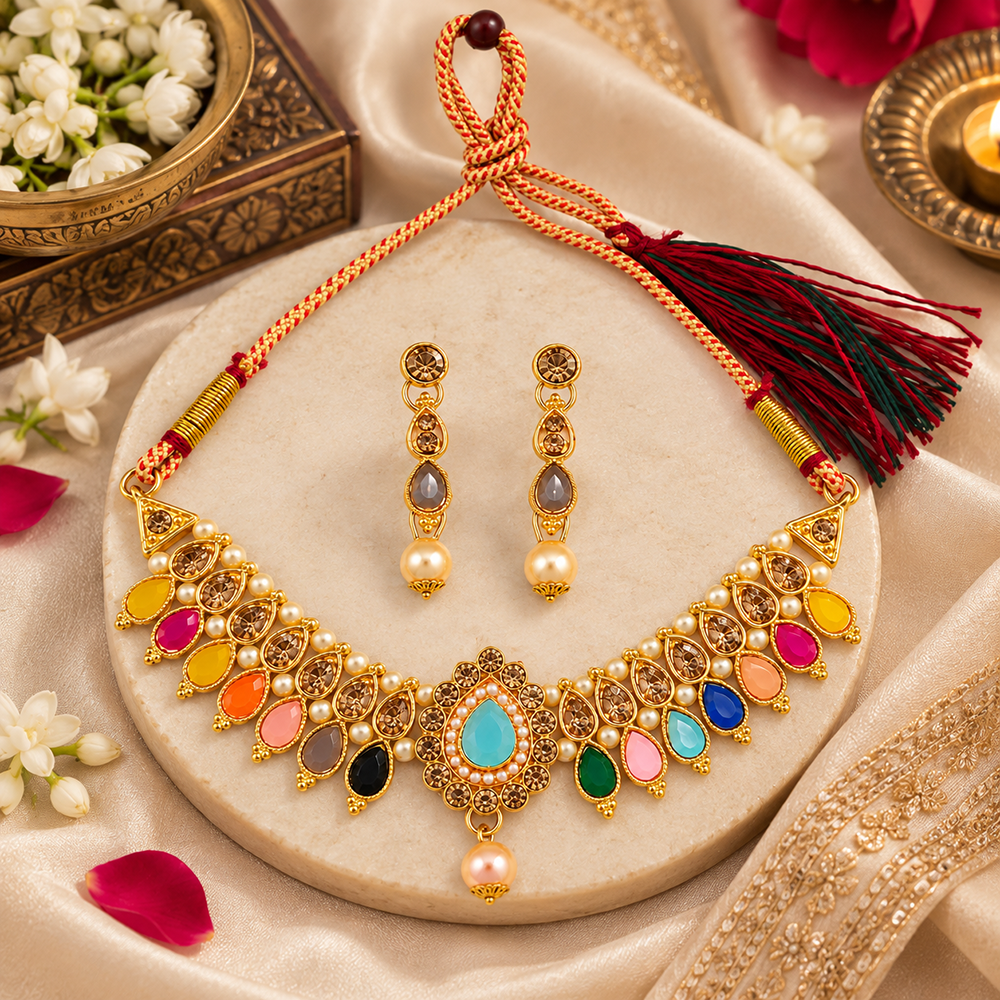 Urthn Gold Plated Pearl & Crystal Necklace Set for Women Traditional Jewellery