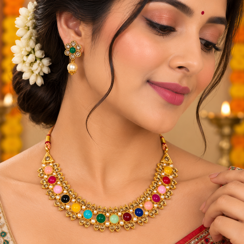 Urthn Gold Plated Pearl & Crystal Necklace Set for Women Traditional Jewellery