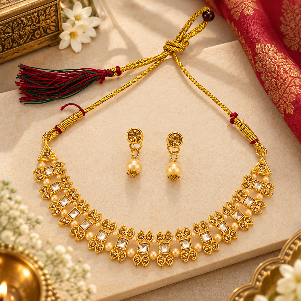 Urthn Gold Plated Pearl & Crystal Necklace Set for Women Traditional Jewellery