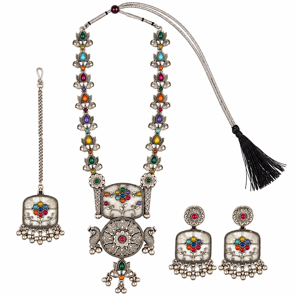 Urthn Oxidised Plated Pota Stone And Pearl Long Necklace Designer Jewellery Set