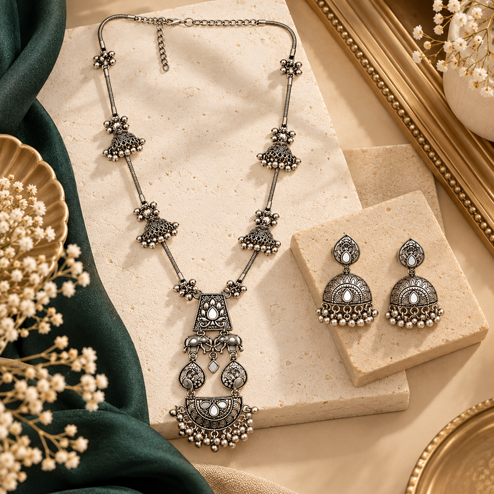 Urthn Oxidised Plated Mirror And Pearl Long Necklace Designer Jewellery Set