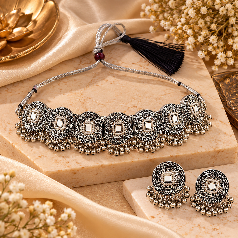 Urthn Oxidised Plated Traditional Mirror Choker Necklace Jewellery Set