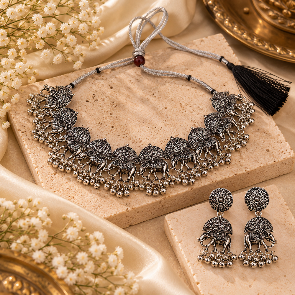 Urthn Statement Oxidised Plated Elephant Choker Necklace Set