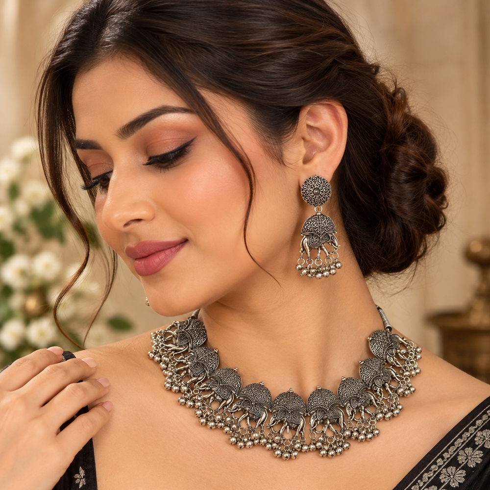 Urthn Statement Oxidised Plated Elephant Choker Necklace Set
