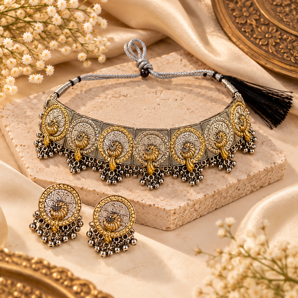 Urthn 2 Tone Plated Fashion Choker Necklace Set for Women