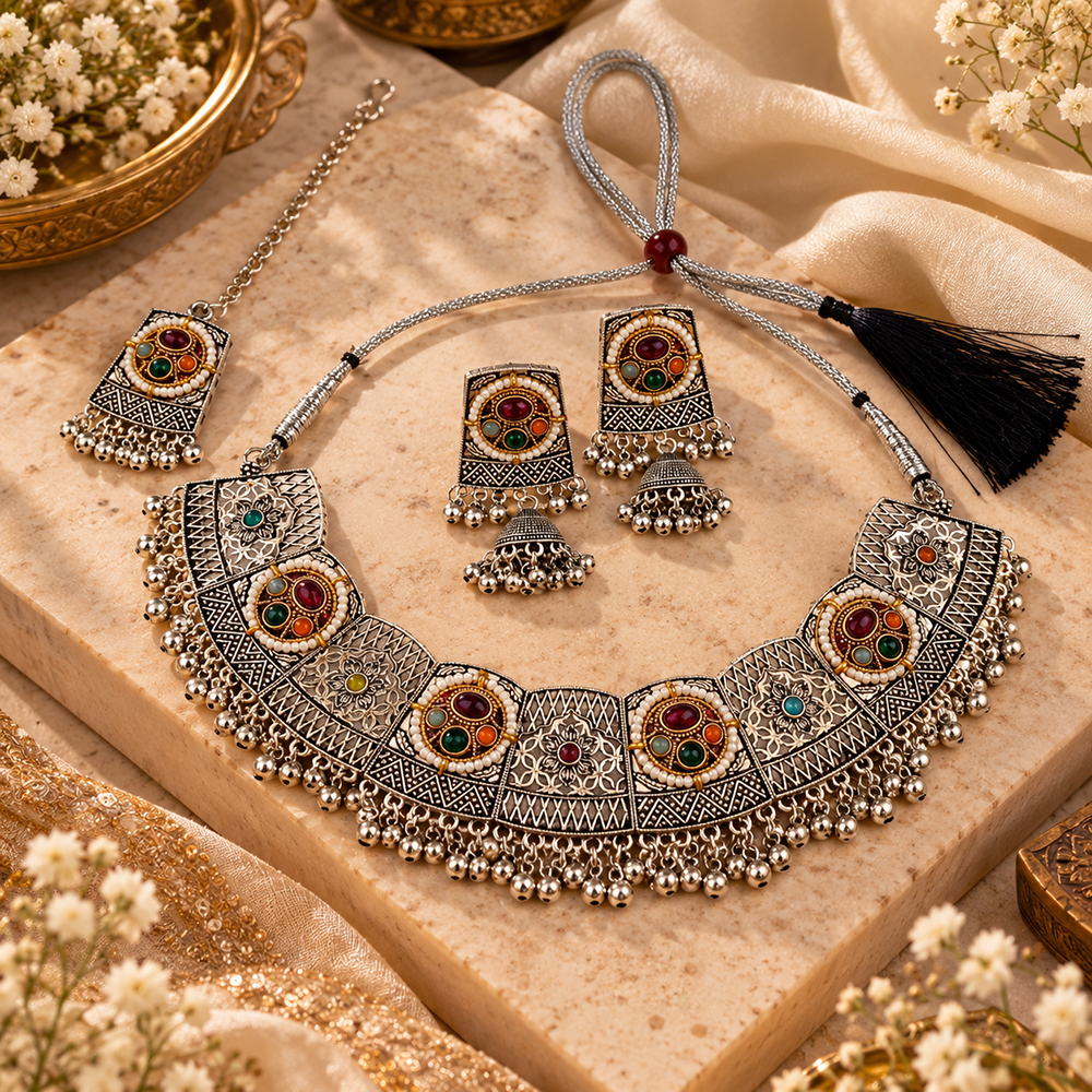 Urthn 2 Tone Plated Pota Stone And Pearl Fashion Choker Necklace Set for Women