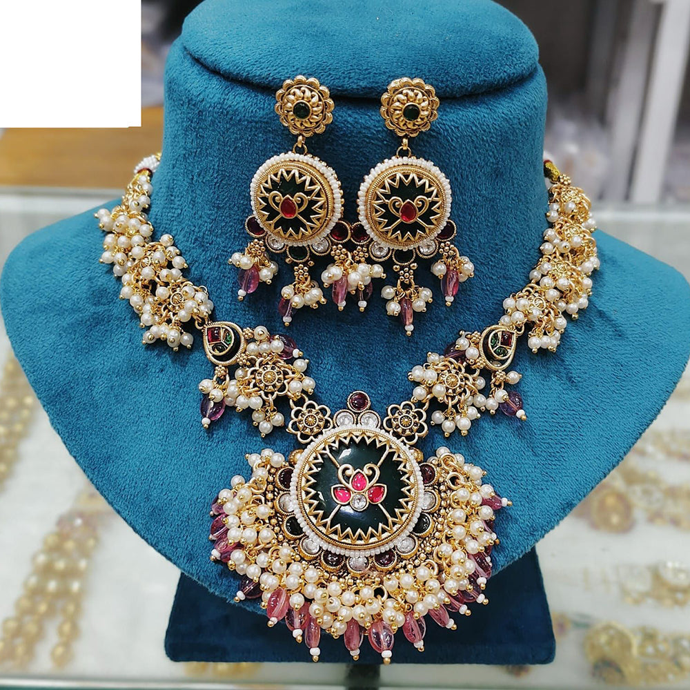 Everlasting Quality Jewels Antique Glow Pota Stone And Pearl Necklace Set
