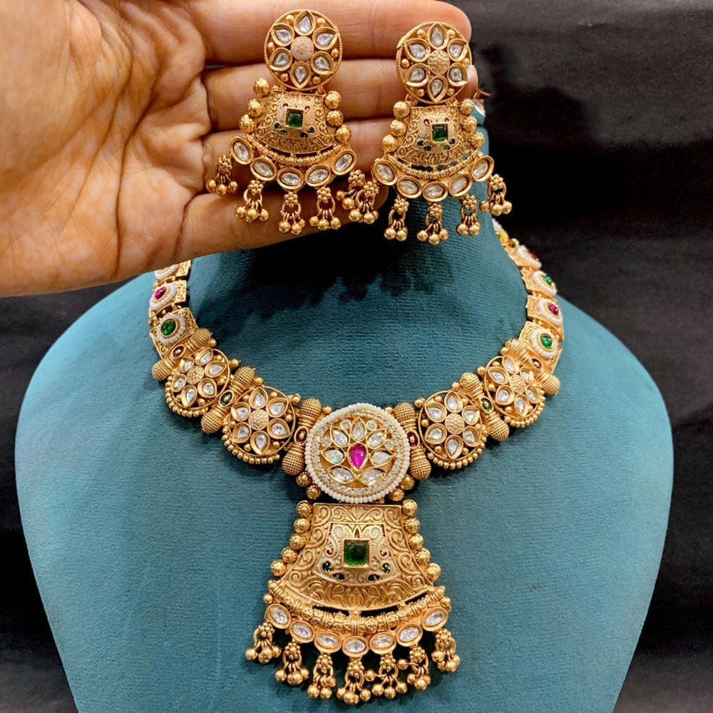 Everlasting Quality Jewels Designer Pota Stone And Pearl Meenakari Necklace Set